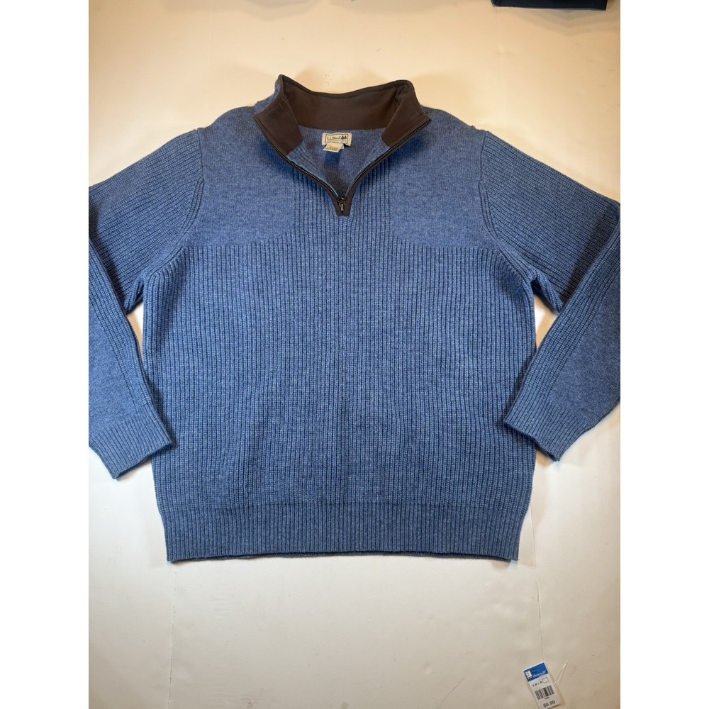 LL Bean Sweater Mens Blue Merino Lambswool 1/4 Zip Brown Collar 237808 Large